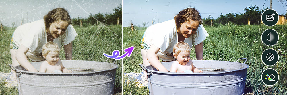 an old photo of a mother taking bath for her child and the restored photo